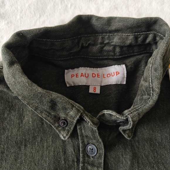 Peau De Loup Green Denim Button Up Collar Shirt Unisex Size 8 Medium Heavyweight - Picture 6 of 8